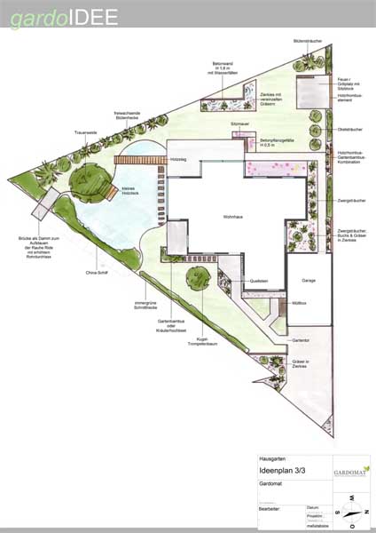 Hausgarten im puristischen Stil mit Teich